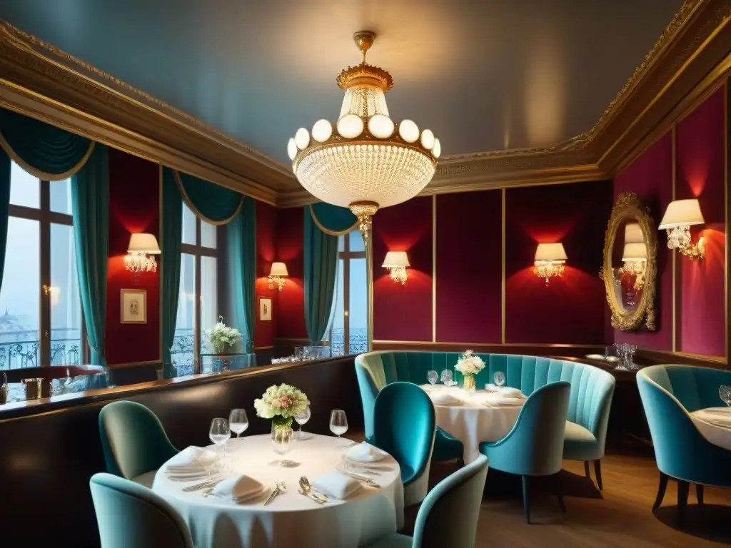 Exquisito interior de restaurante con Estrella Michelin en París, fina vajilla y cristalería, decoración lujosa y ambiente sofisticado