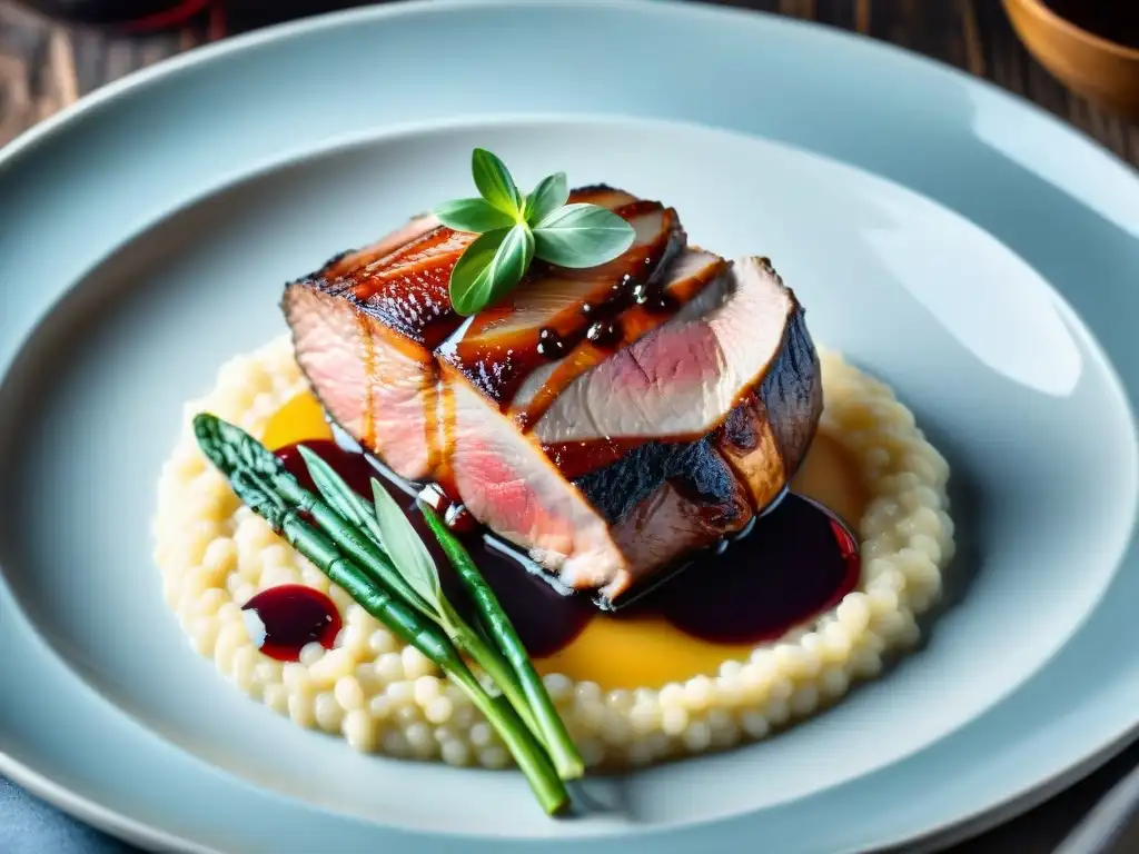 Exquisito magret de pato con risotto de trufa, salsa de vino tinto, en plato de cerámica rústica en bistrós íntimos Limoges gastronomía francesa