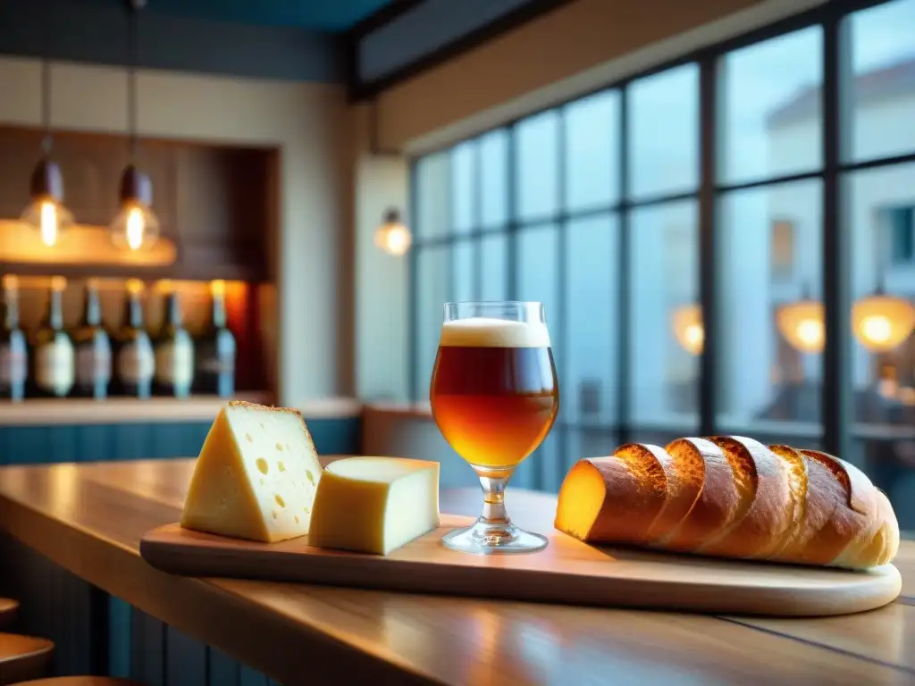 Un exquisito maridaje cerveza artesanal francesa con quesos, embutidos y baguettes en una elegante brasserie