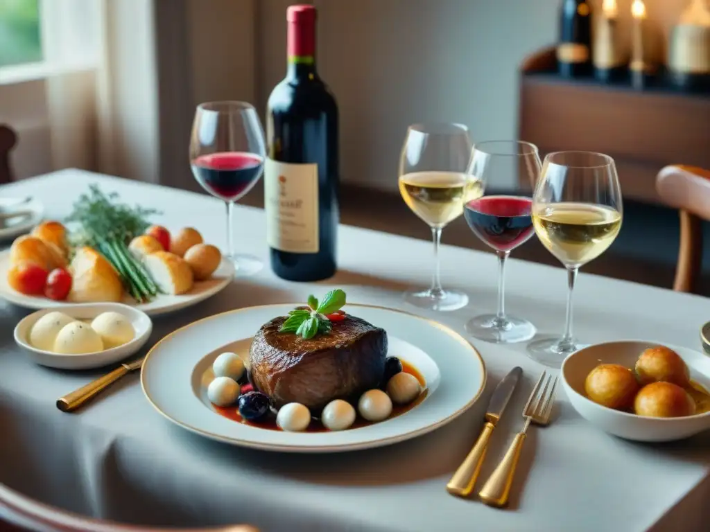 Exquisito maridaje de gastronomía francesa y vinos en una elegante mesa