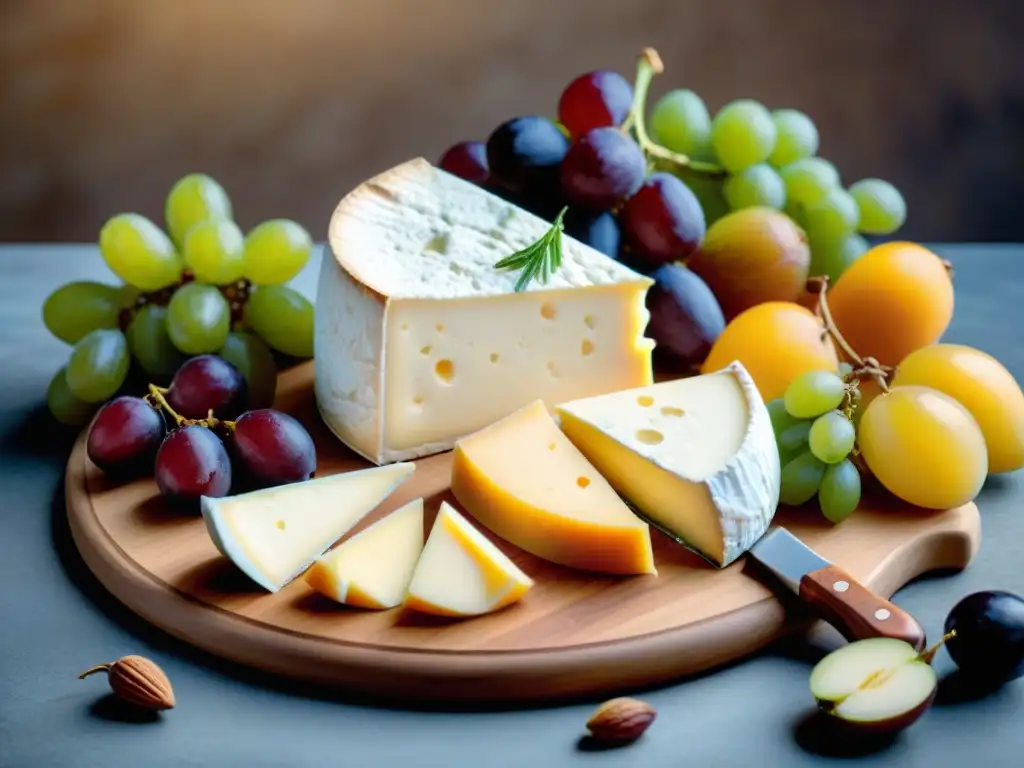 Exquisito maridaje perfecto quesos franceses frutas en tabla rústica