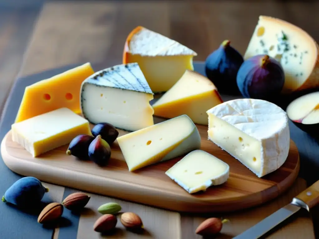 Un exquisito maridaje con queso francés perfecto: tabla de madera rústica con brie, camembert y roquefort, acompañados de higos, miel y nueces