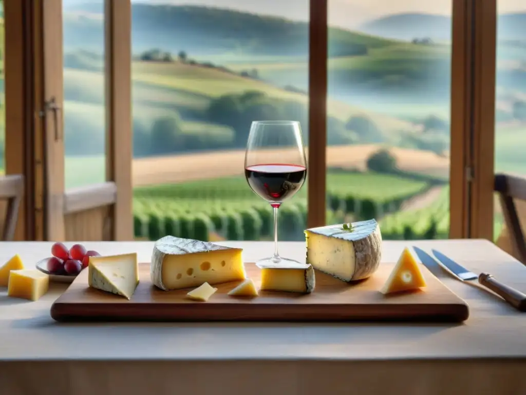 Exquisito maridaje de queso y vinos franceses en mesa elegante