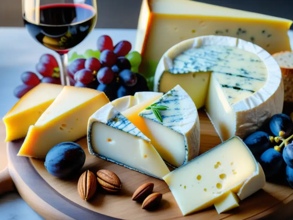 Exquisito maridaje de quesos y vinos franceses en una tabla elegante