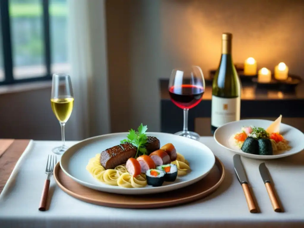 Exquisito maridaje vinos Alsacia con platos internacionales en mesa elegante y sofisticada