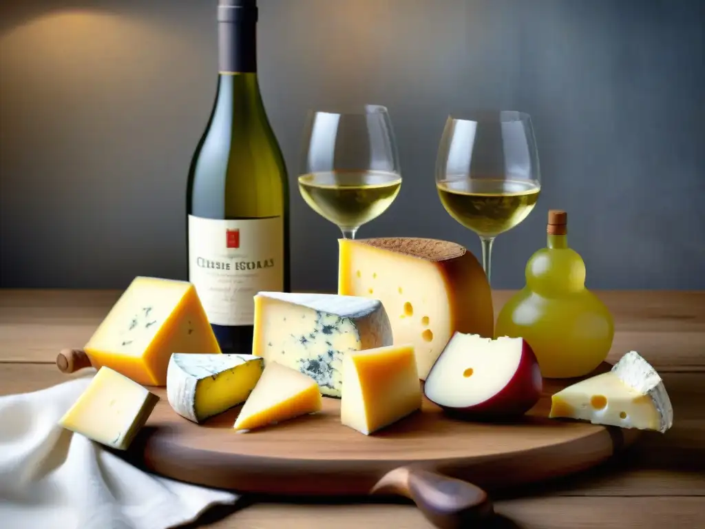 Un exquisito maridaje de vinos blancos y quesos franceses en una tabla de madera rústica, creando una atmósfera sofisticada y acogedora