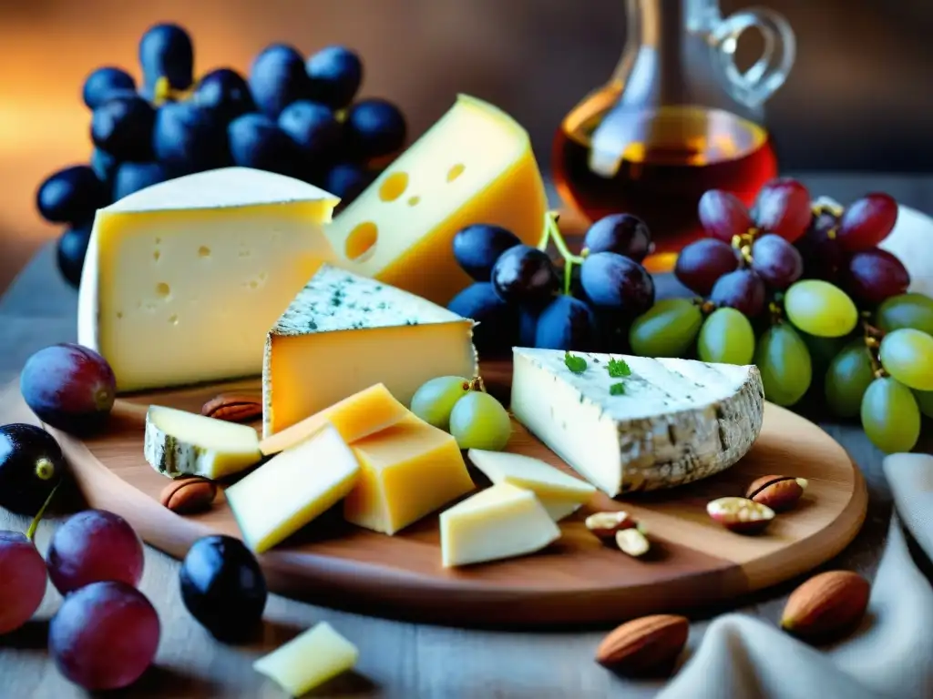 Exquisito maridaje de vinos blancos y quesos franceses en tabla de madera rústica