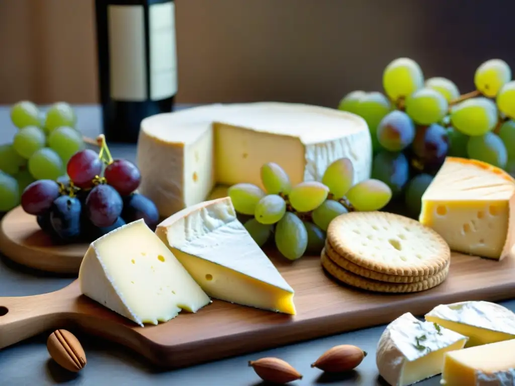 Un exquisito maridaje de vinos blancos y quesos: tabla con Brie, Camembert y Roquefort, uvas frescas, crackers y botellas de vino blanco