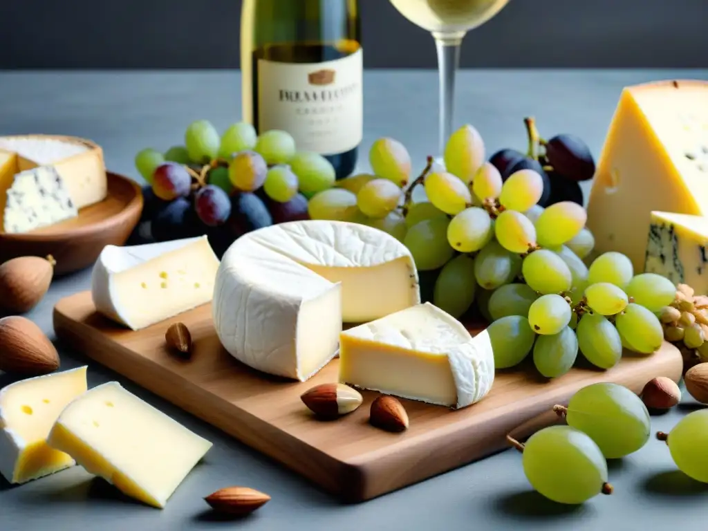 Un exquisito maridaje de vinos blancos y quesos franceses en una tabla de madera