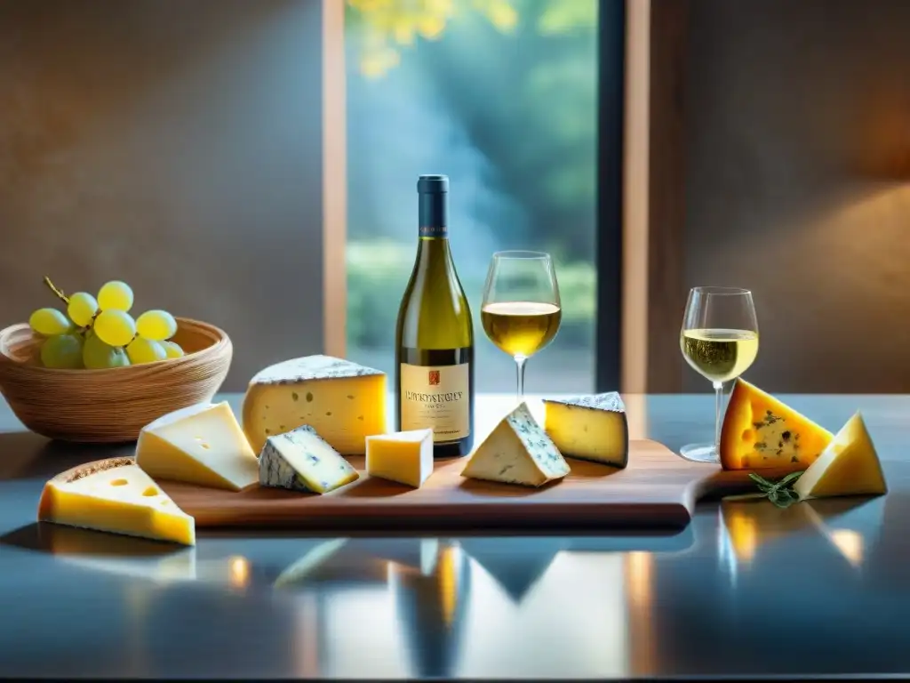 Exquisito maridaje de vinos blancos y quesos en una elegante mesa de madera rústica