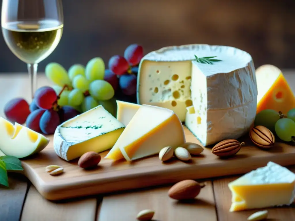 Un exquisito maridaje de vinos blancos y quesos franceses en una tabla de madera elegante