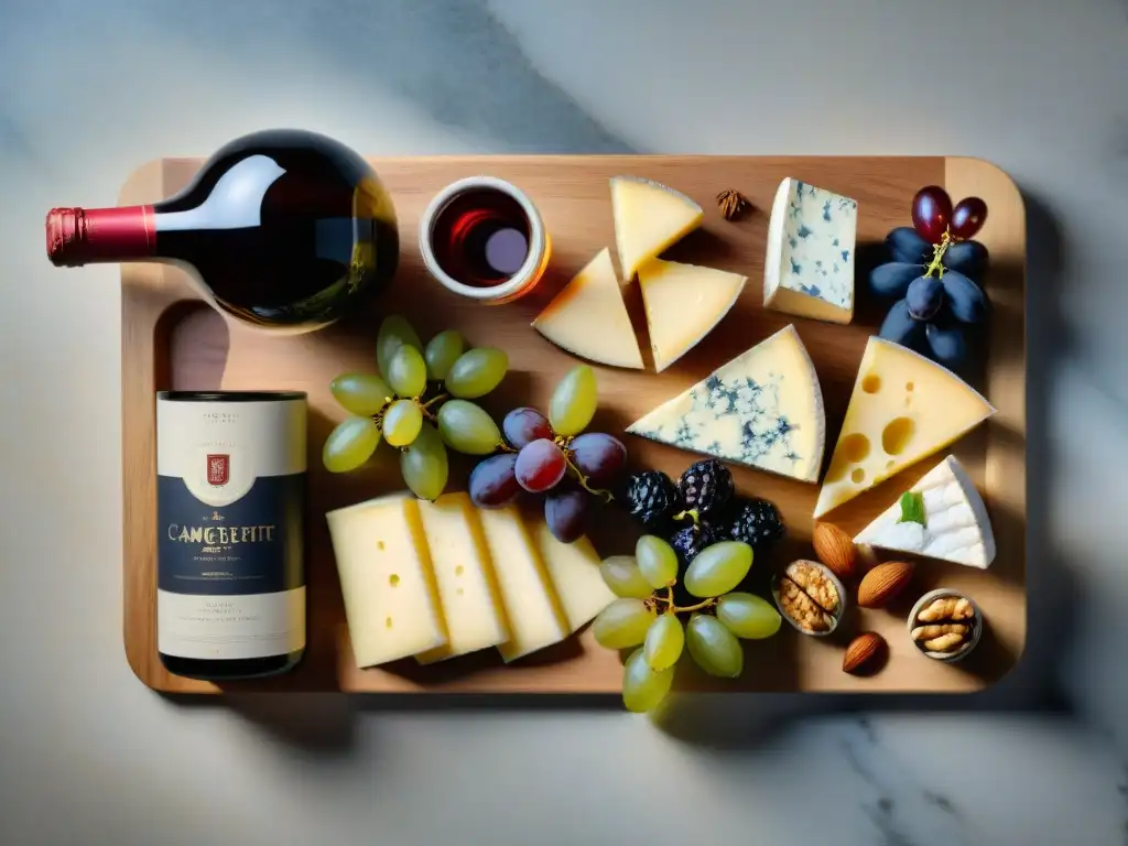 Un exquisito maridaje de vinos franceses y quesos en una tabla de charcutería elegante