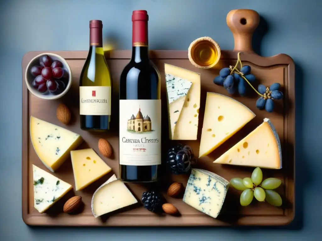 Un exquisito maridaje de vinos franceses y quesos en una tabla rústica, con detalles premium y una presentación elegante