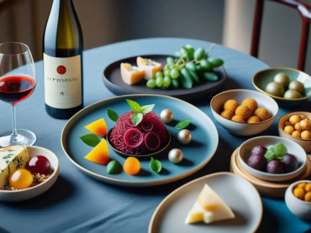 Un exquisito maridaje de vinos franceses y platos asiáticos en una mesa elegante y colorida