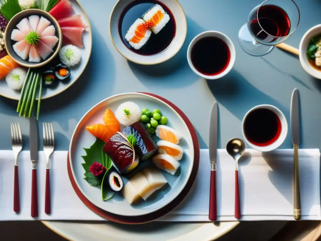 Exquisito maridaje vinos franceses platos asiáticos en mesa elegante con Coq au Vin y sushi