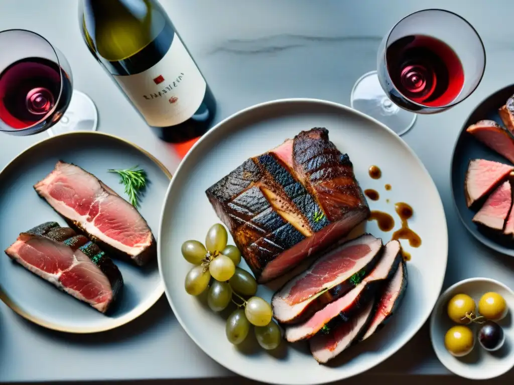 Un exquisito maridaje de vinos franceses y carnes perfectamente grilladas en una mesa elegante