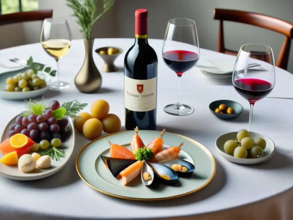 Exquisito maridaje de vinos franceses con carnes y pescados en mesa elegante