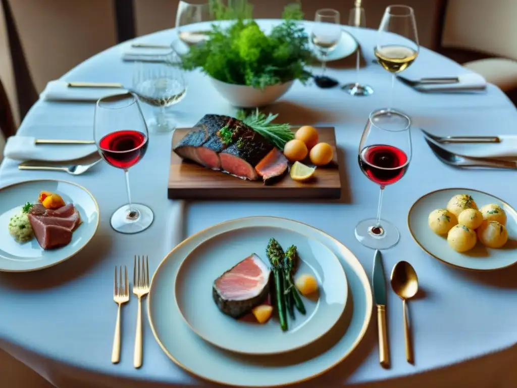 Exquisito maridaje vinos franceses carnes pescados en mesa elegante