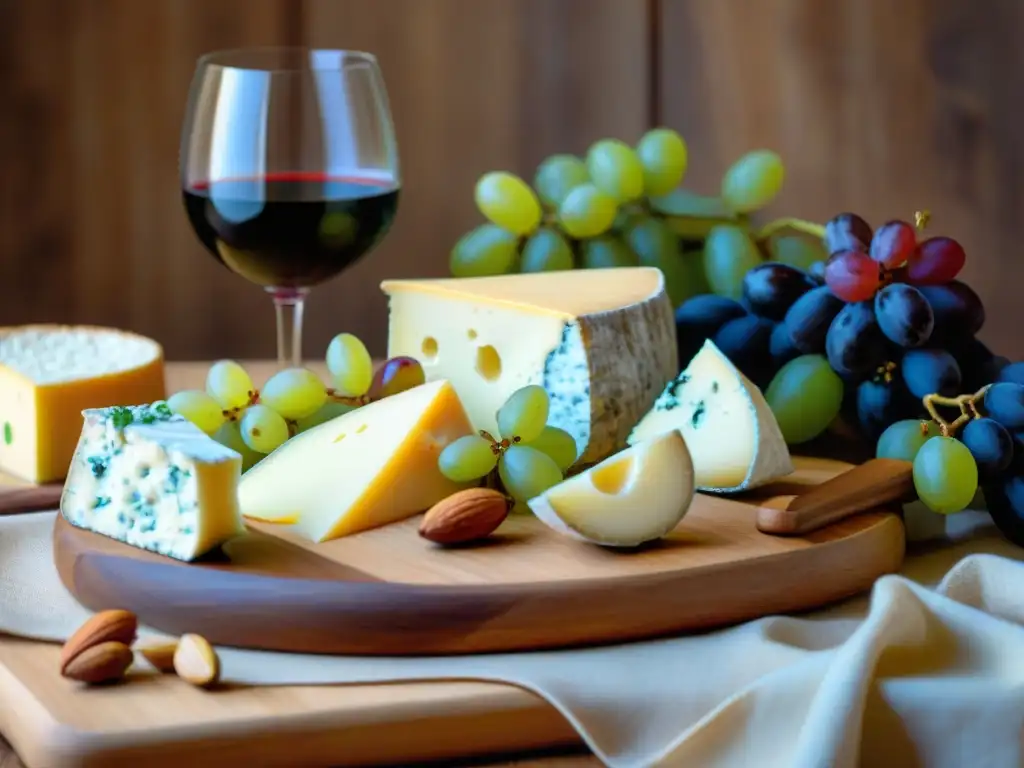 Exquisito maridaje de vinos y quesos franceses en una tabla rústica con uvas, nueces y baguette