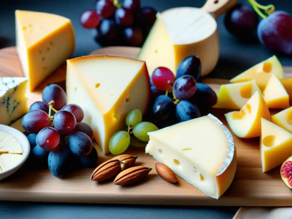 Exquisito maridaje de vinos y quesos con frutas frescas y nueces en tabla de madera