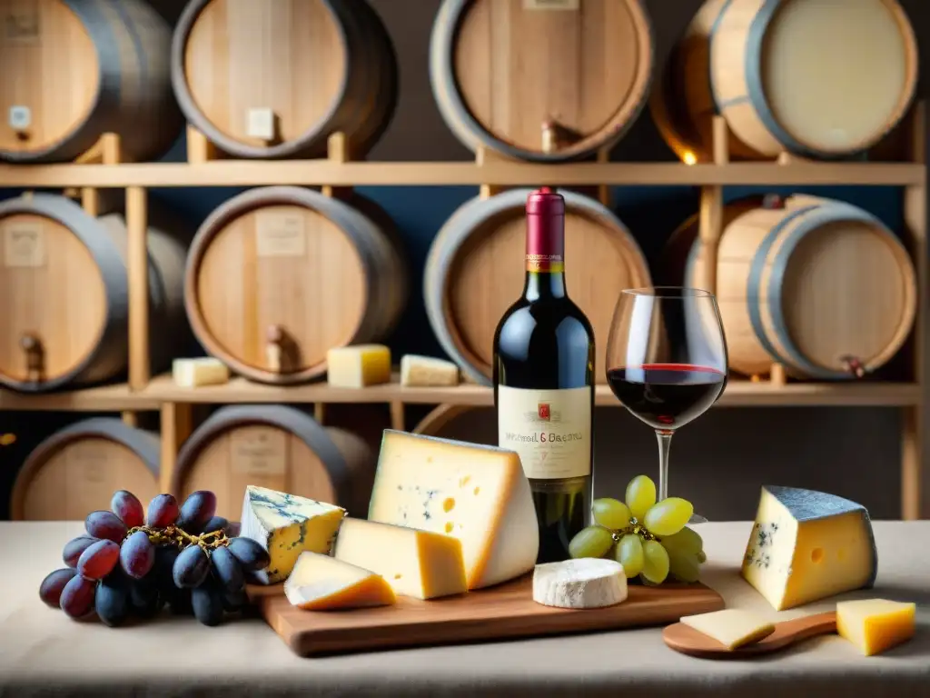 Exquisita tabla de quesos y vinos franceses en bodega Un exquisito maridaje de vinos y quesos franceses en una tabla de madera rústica en una bodega acogedora y elegante