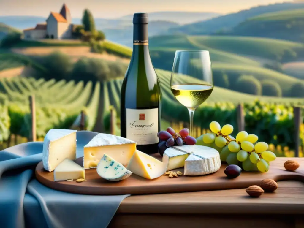 Exquisito maridaje vinos quesos franceses perfecto con Brie, Camembert y Roquefort en escena elegante en viñedo