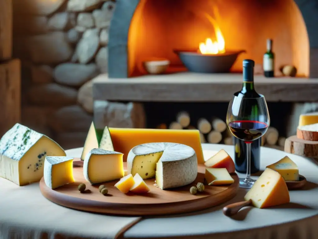 Un exquisito maridaje de vinos y quesos franceses en una mesa rústica, con una selección gourmet