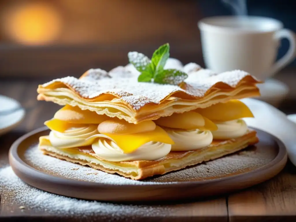 Un exquisito milhojas mostrando sus capas delicadas de hojaldre y crema de vainilla, en una cocina francesa