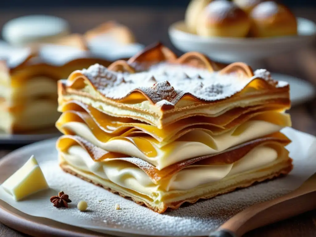 Un exquisito millefeuille con capas delicadas, crema suave y toque caramelizado