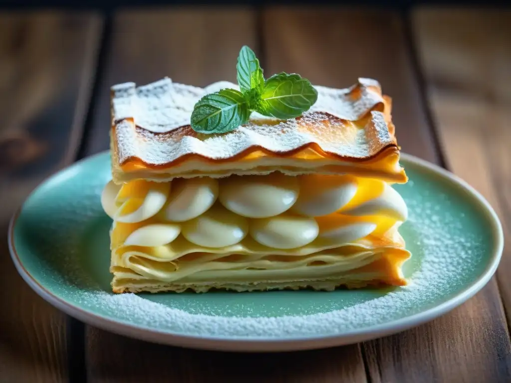 Exquisito millefeuille francés con capas delicadas de hojaldre, crema y caramelo, en plato de porcelana sobre mesa rústica