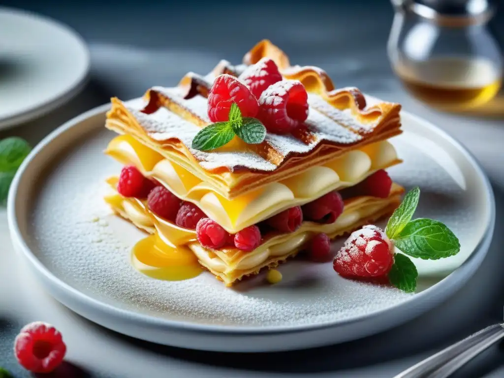 Un exquisito Millefeuille francés con capas de hojaldre y crema de vainilla, decorado con frambuesas frescas y menta