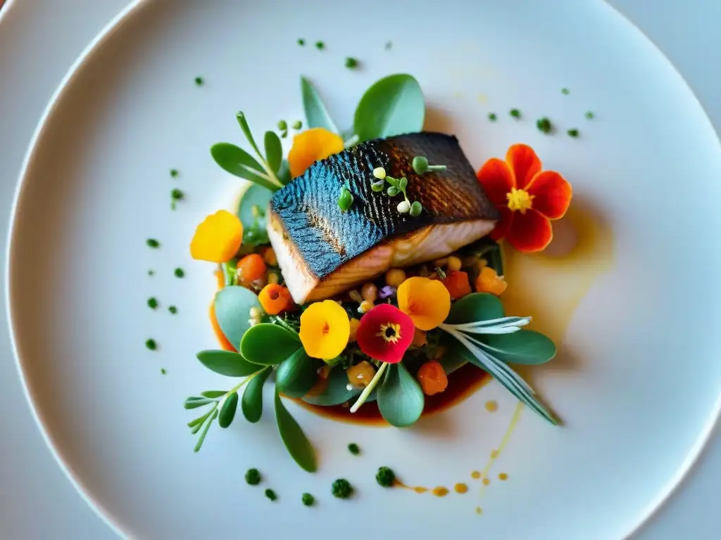 Un exquisito plato de alta cocina del Valle del Loira con pescado, verduras y salsa cítrica, muestra la artesanía culinaria francesa