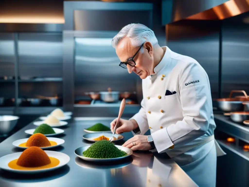 Alain Ducasse inspecciona meticulosamente un exquisito plato en una cocina de lujo, reflejando la sofisticación de la gastronomía francesa
