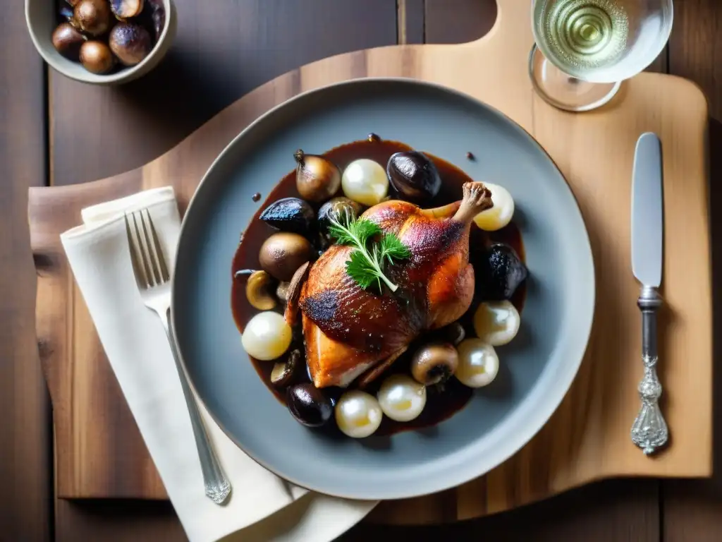 Un exquisito plato de Coq au Vin francés con presentaciones audaces platos clásicos franceses