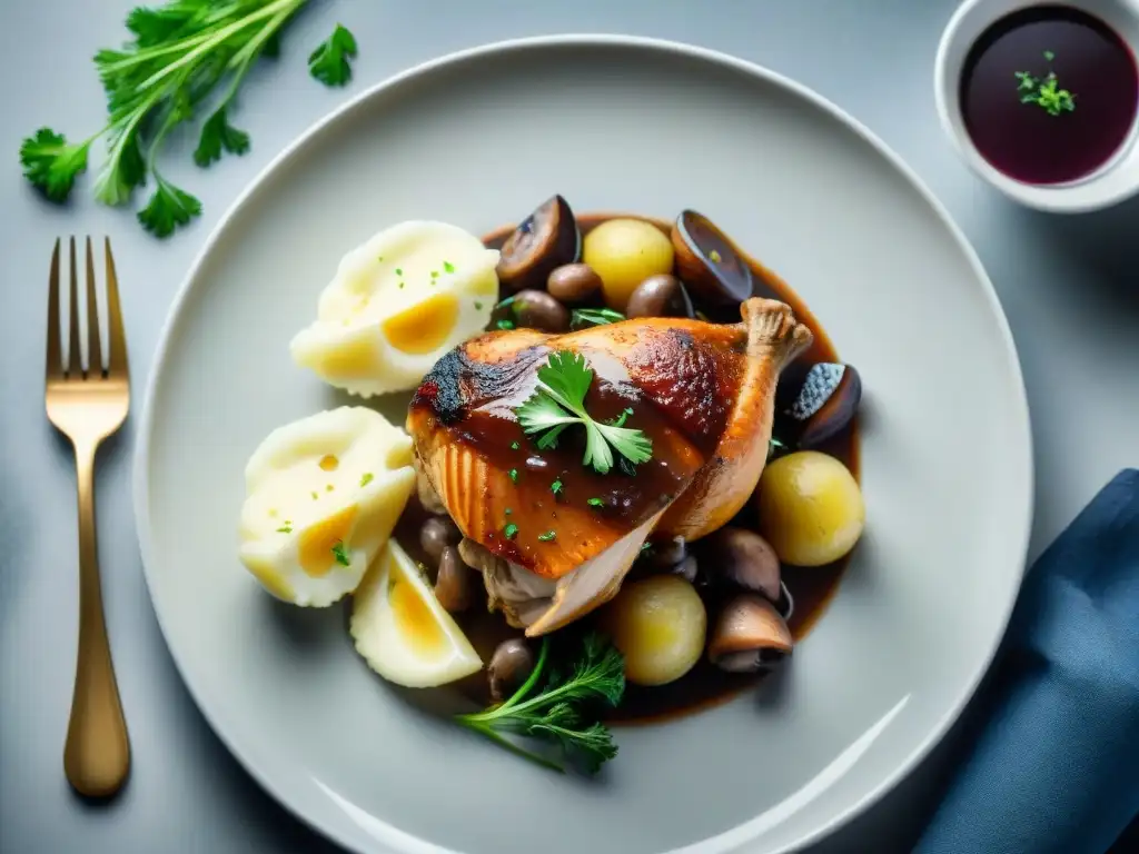 Exquisito plato de coq au vin, representación de la estética en platos franceses