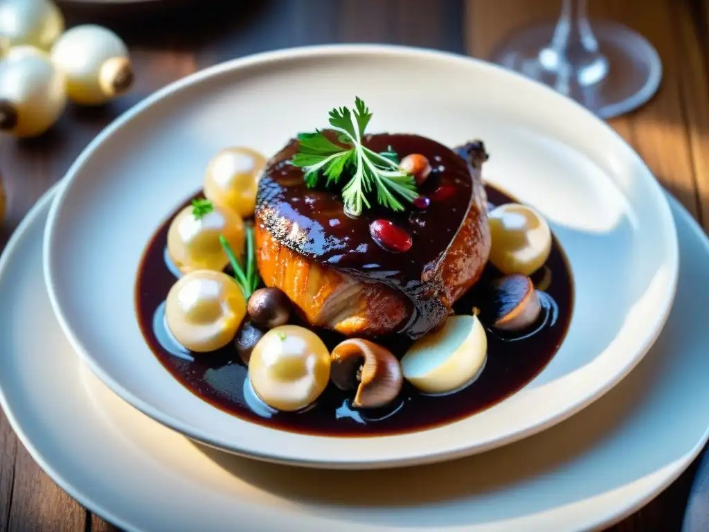 Fotografía de un exquisito plato de coq au vin francés en una elegante vajilla, perfecto para Instagram