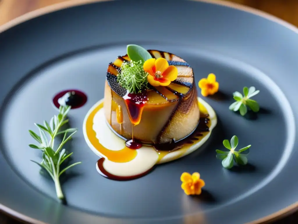 Un exquisito plato de foie gras fusionado en una presentación artística en cocina internacional