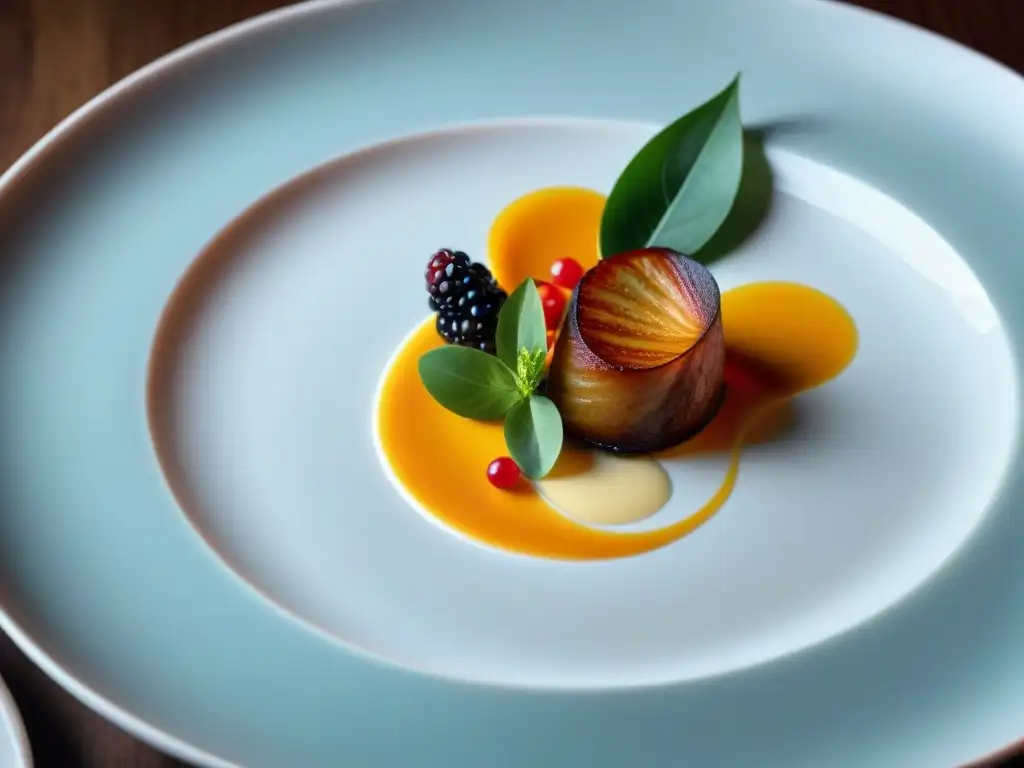 Un exquisito plato de la innovadora gastronomía francesa, con colores vibrantes y detalles intrincados en presentación artística