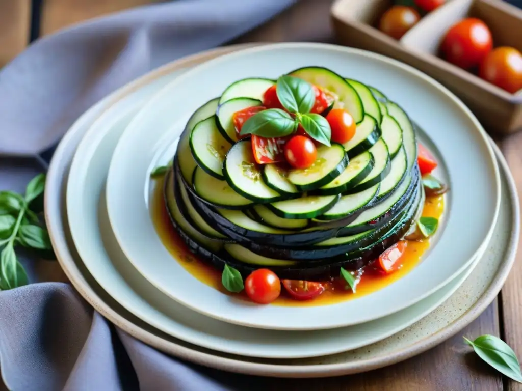 Deliciosa Ratatouille: Capas vibrantes de verduras con hierbas frescas Un exquisito plato de Ratatouille listo para saborear, acompañado de vino perfecto para ratatouille