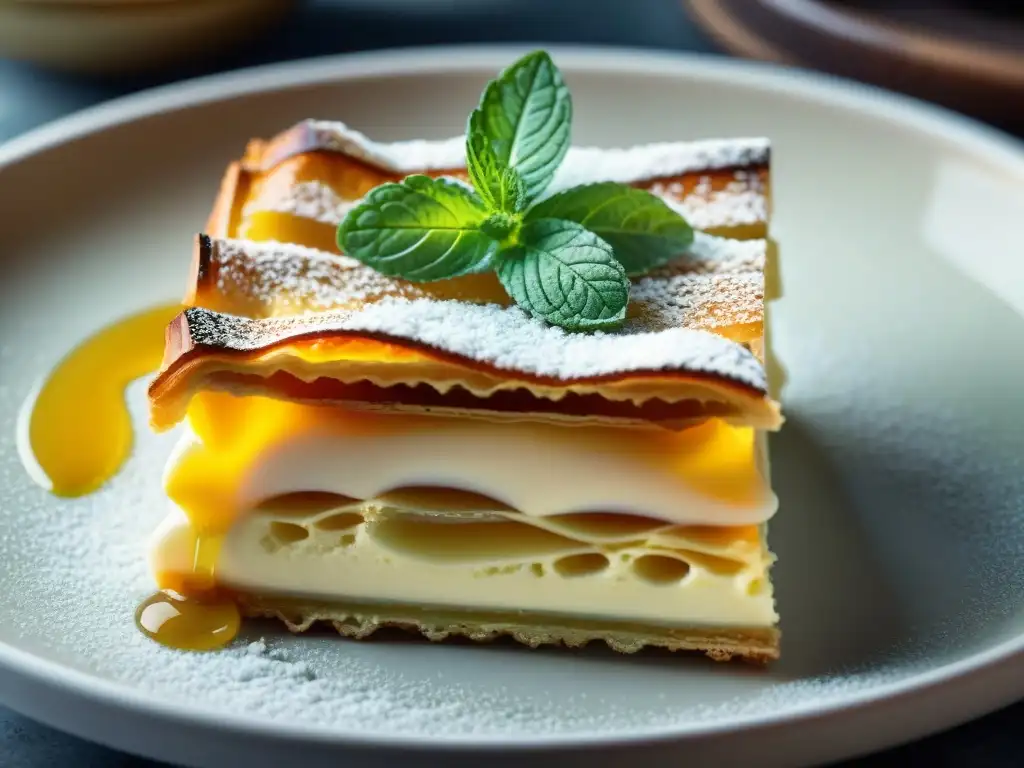 Un exquisito postre francés: Millefeuille con capas de crema de vainilla y glaseado de azúcar, en un elegante plato blanco