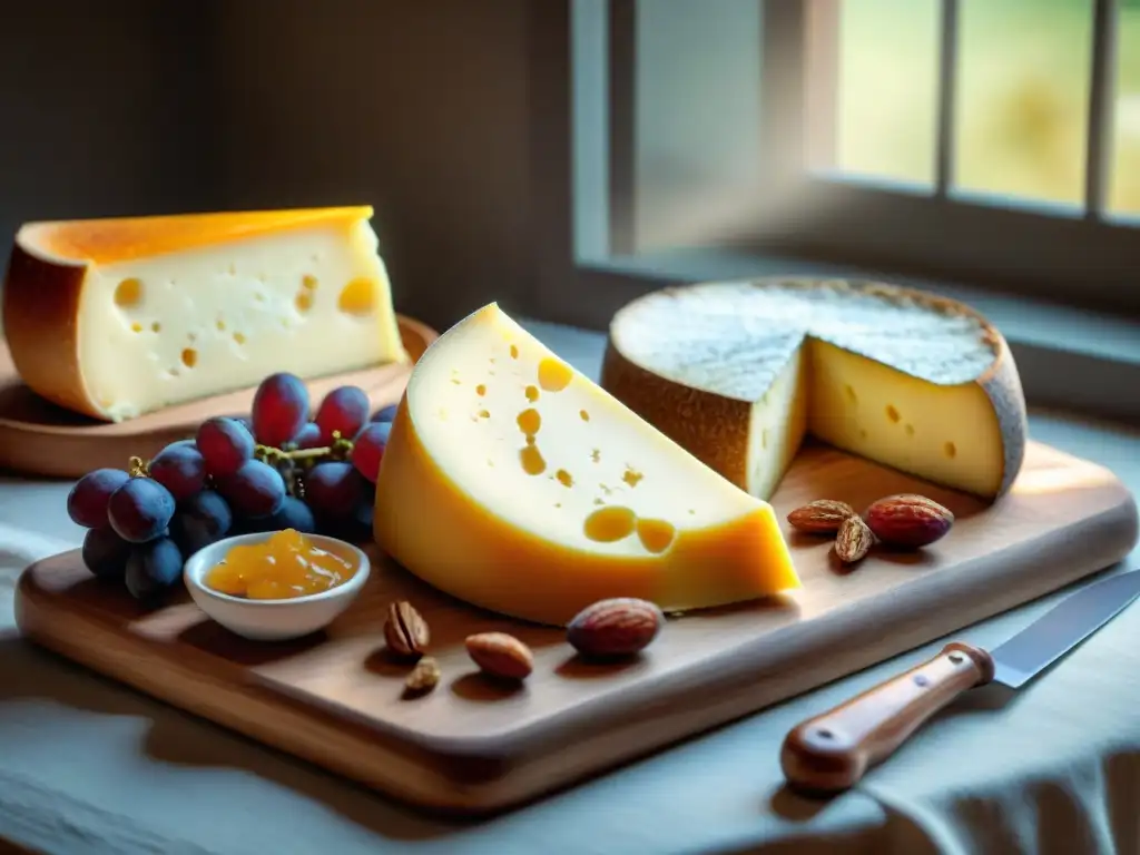 Un exquisito queso Maroilles en una tabla de quesos rústica rodeado de acompañamientos, en una cocina francesa acogedora y tradicional