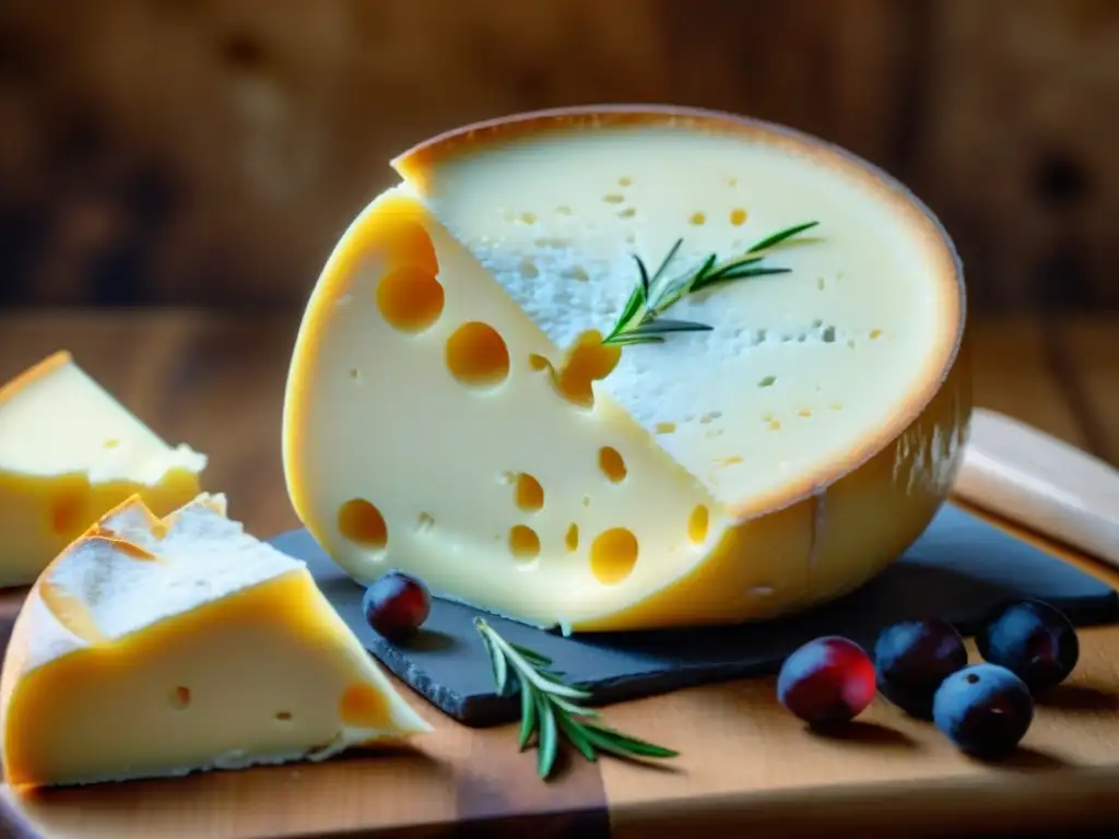 Exquisito Queso Chaource con textura cremosa, rodeado de uvas, romero fresco y baguette