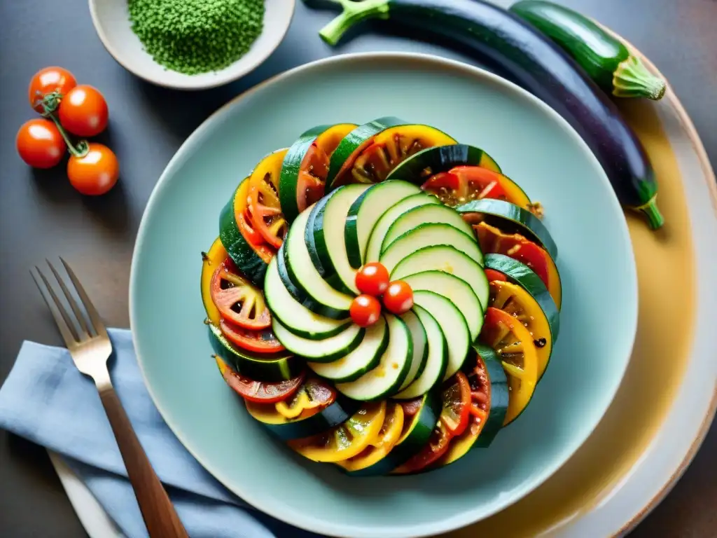 Exquisita ratatouille: arte en capas de vegetales frescos Un exquisito ratatouille con capas perfectamente dispuestas, listo para disfrutar con el vino perfecto para ratatouille