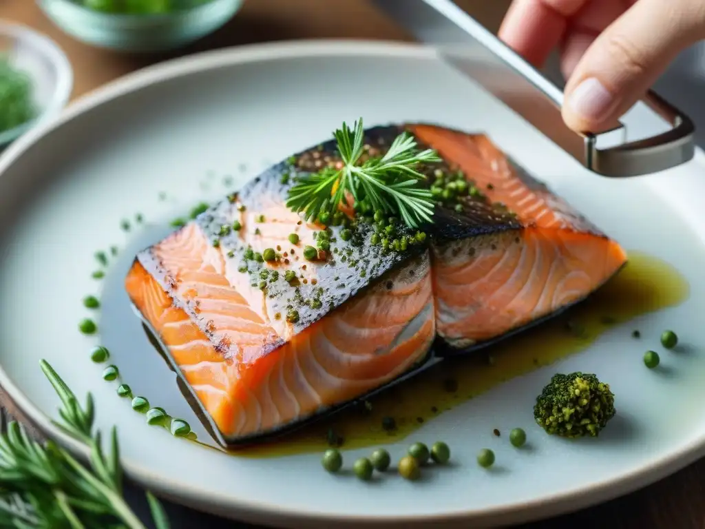 Un exquisito salmón siendo sazonado para la técnica sous vide cocina francesa