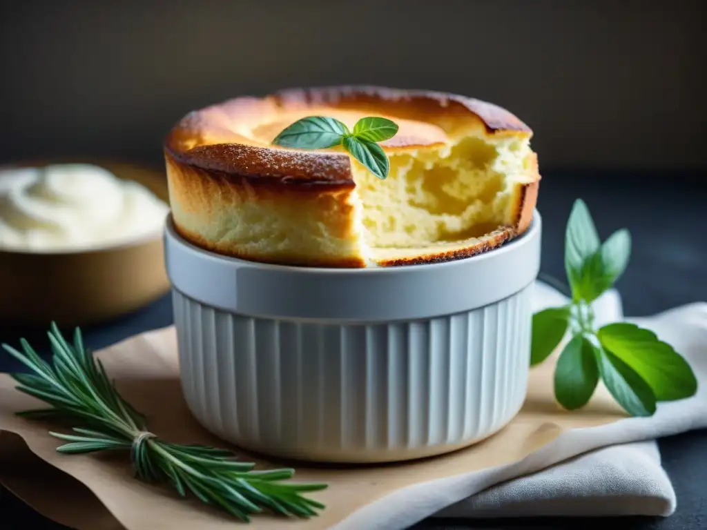 Un exquisito soufflé dorado recién horneado en un ramekin blanco, decorado con hierbas