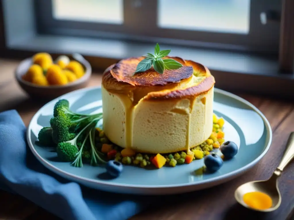 Exquisito soufflé vegano dorado y esponjoso, rodeado de verduras coloridas en mesa francesa rústica