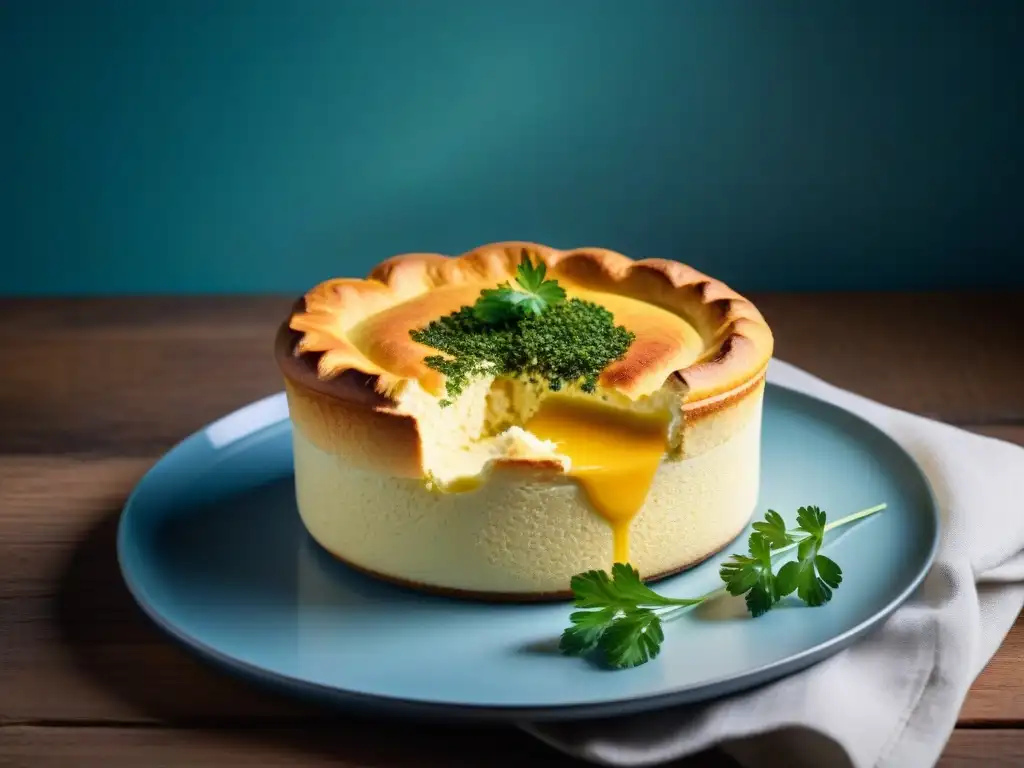 Un exquisito soufflé vegano receta gastronomía francesa, con corteza dorada y textura ligera, en mesa de madera rústica con hierbas frescas