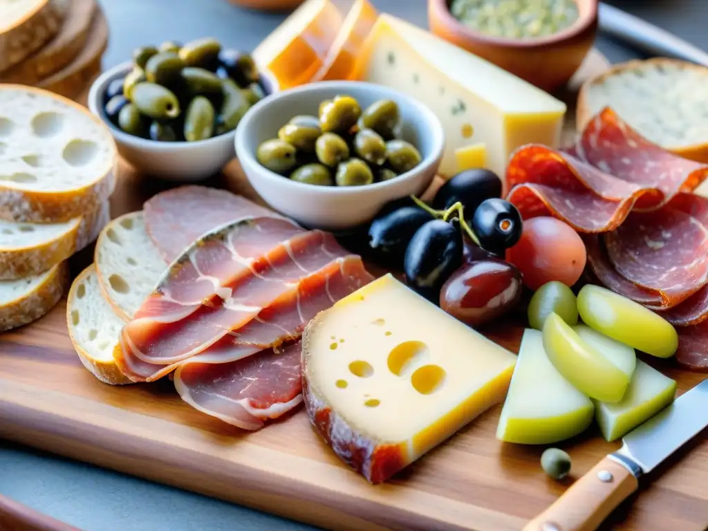 Un exquisito tablero de charcutería francesa con maridajes de embutidos, quesos y pan, presentado con elegancia en una tabla de madera rústica