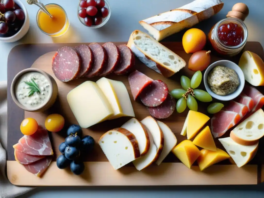 Un exquisito tablero de embutidos franceses con pan artesanal y mermeladas caseras, resaltando los maridajes de Charcutería Francesa