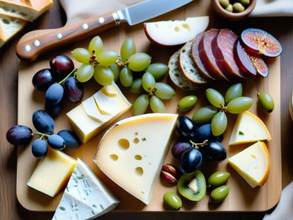 Un exquisito tablero de embutidos y quesos franceses, pan, aceitunas y frutas, en una presentación equilibrada y saludable